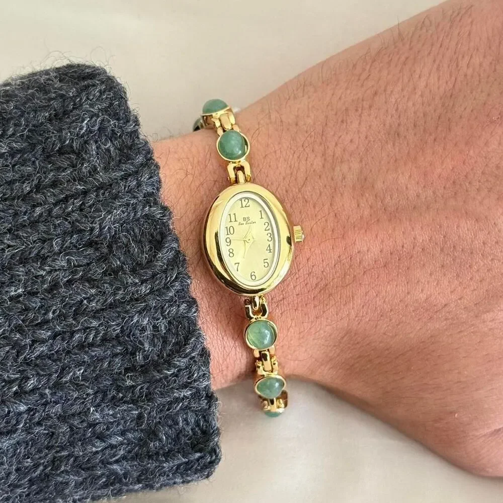Dainty Gold and Green Stone Y2k stainless steel quartz charm watch